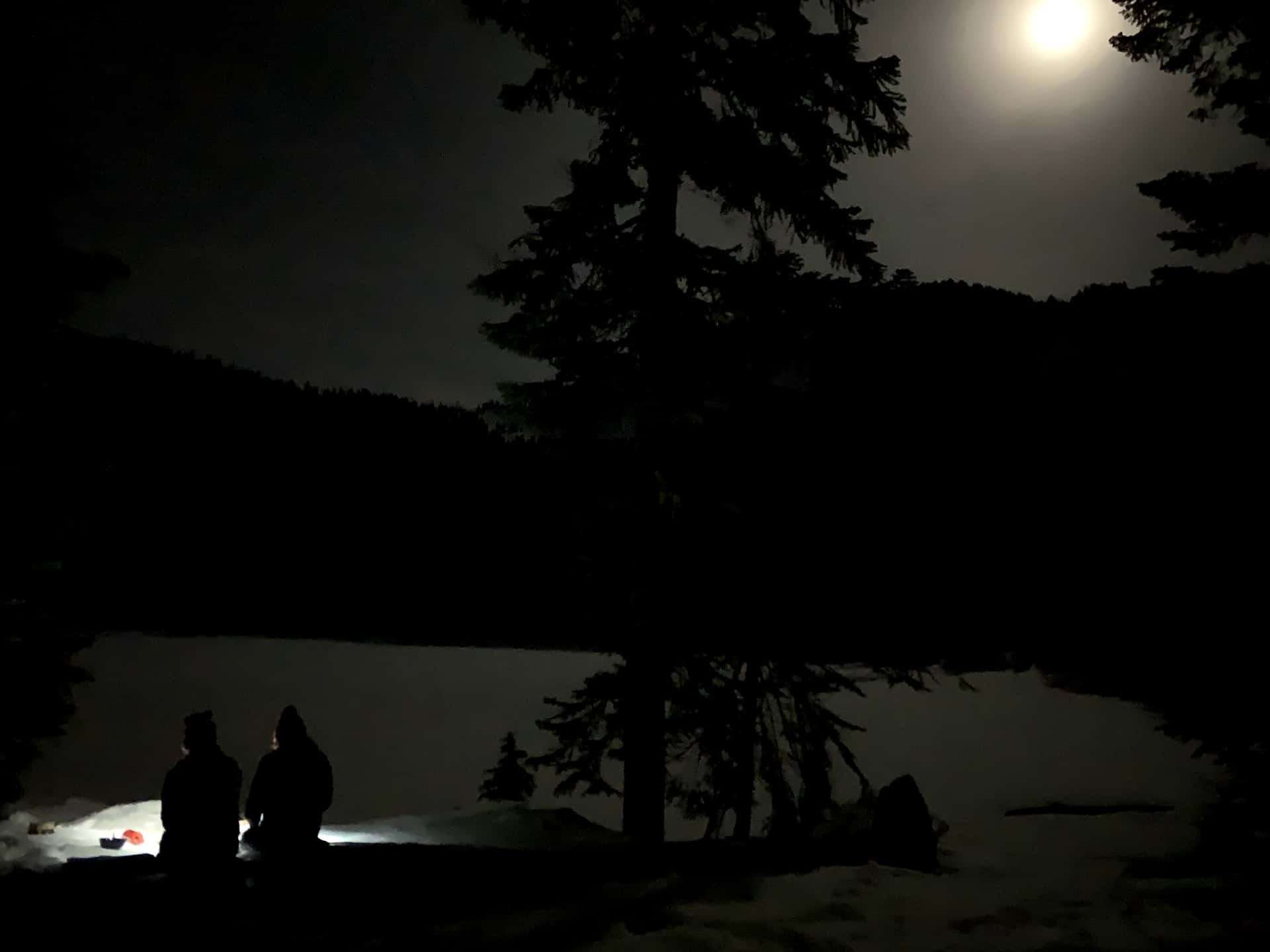 cooking in the snow under a full moon at Olallie Lake