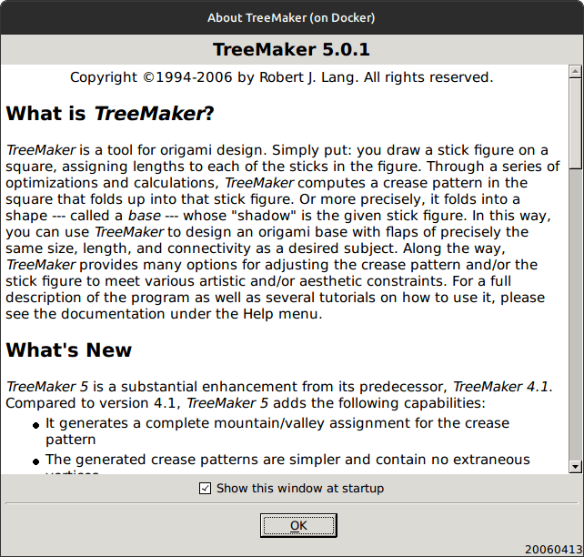 “About” window of TreeMaker 5.0.1 running via Docker