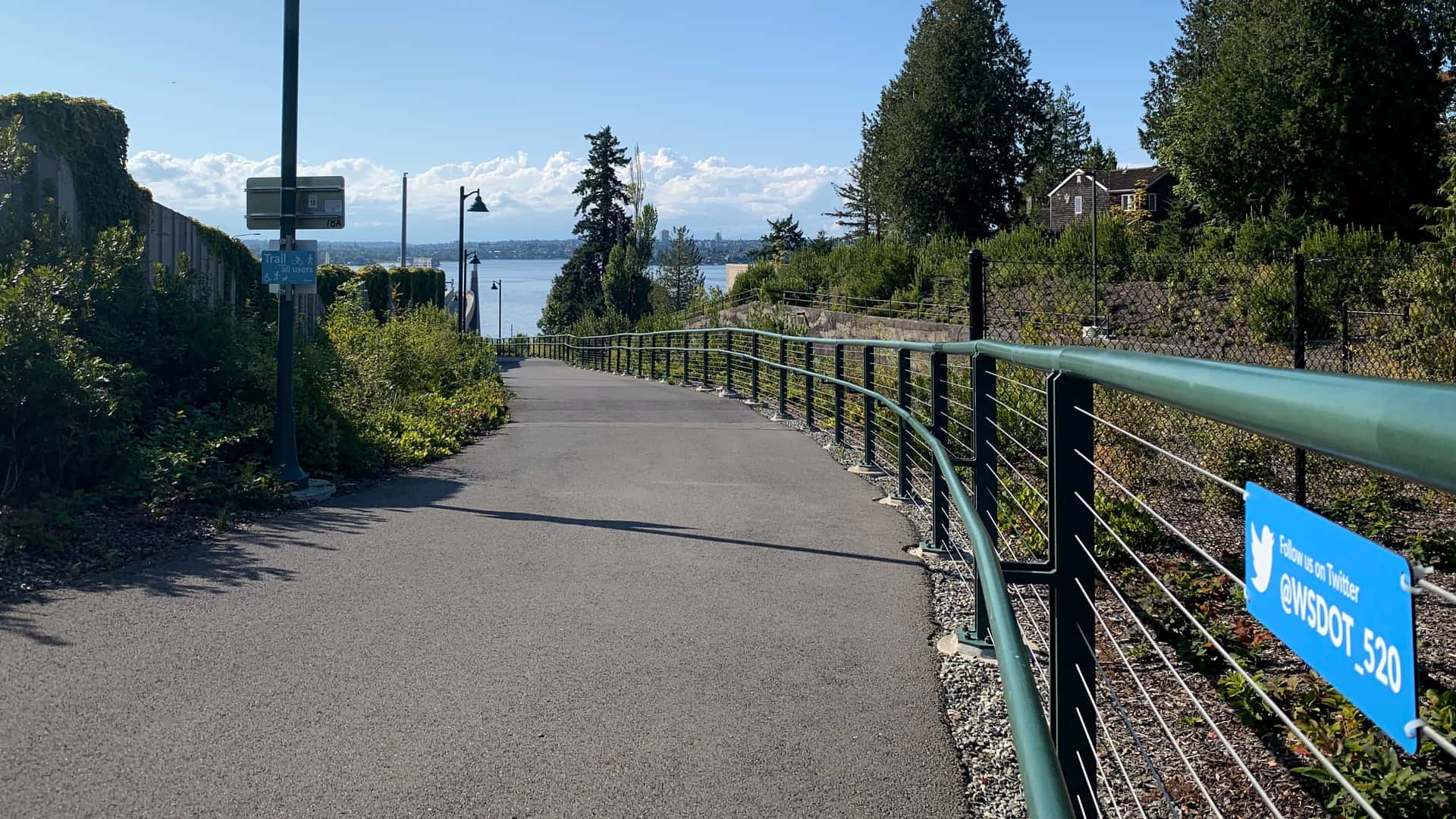 SR 520 trail with signage advertising the Washington State Department of Transportation’s Twitter account