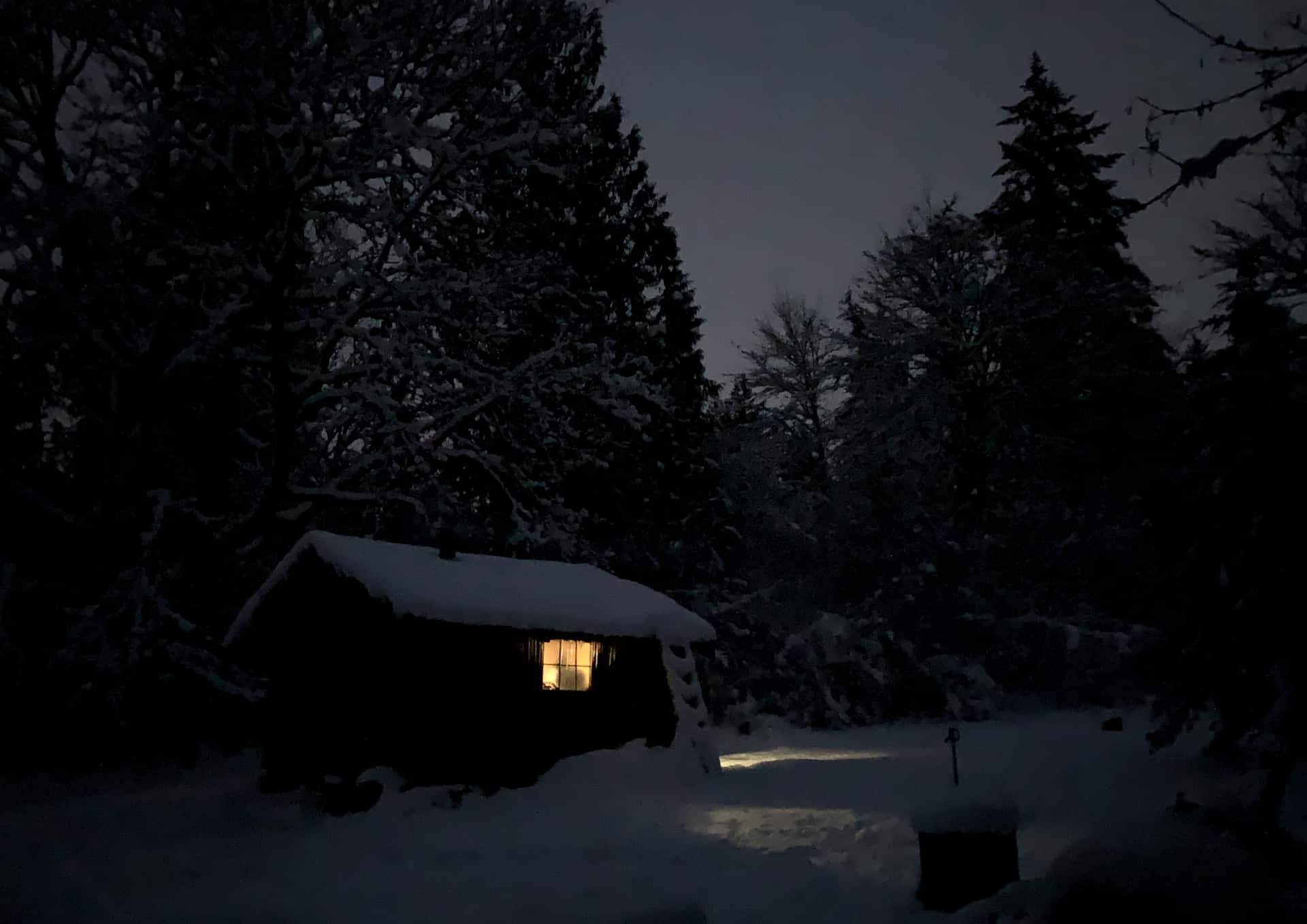 cabin in the snow at twilight