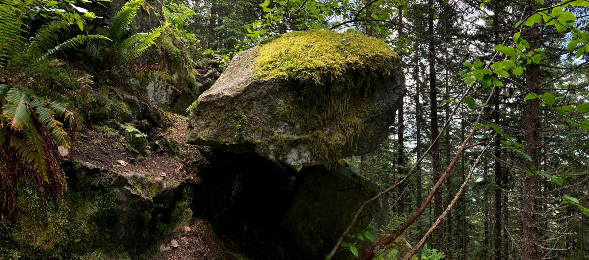 precarious boulder on the Baden-Powell Trail route to Eagle Bluffs