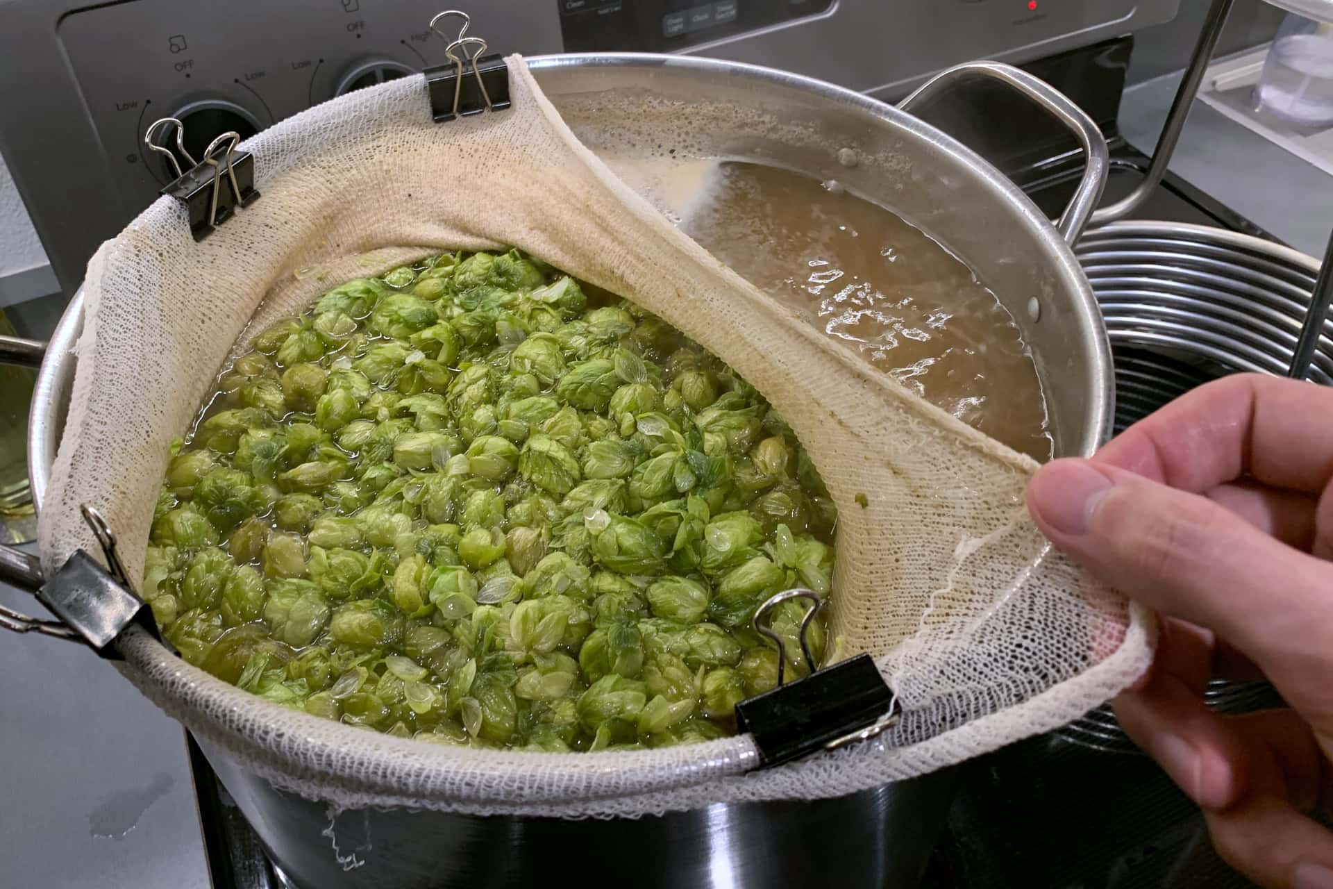 whole hop cones corralled by a muslin bag in a pot of wort