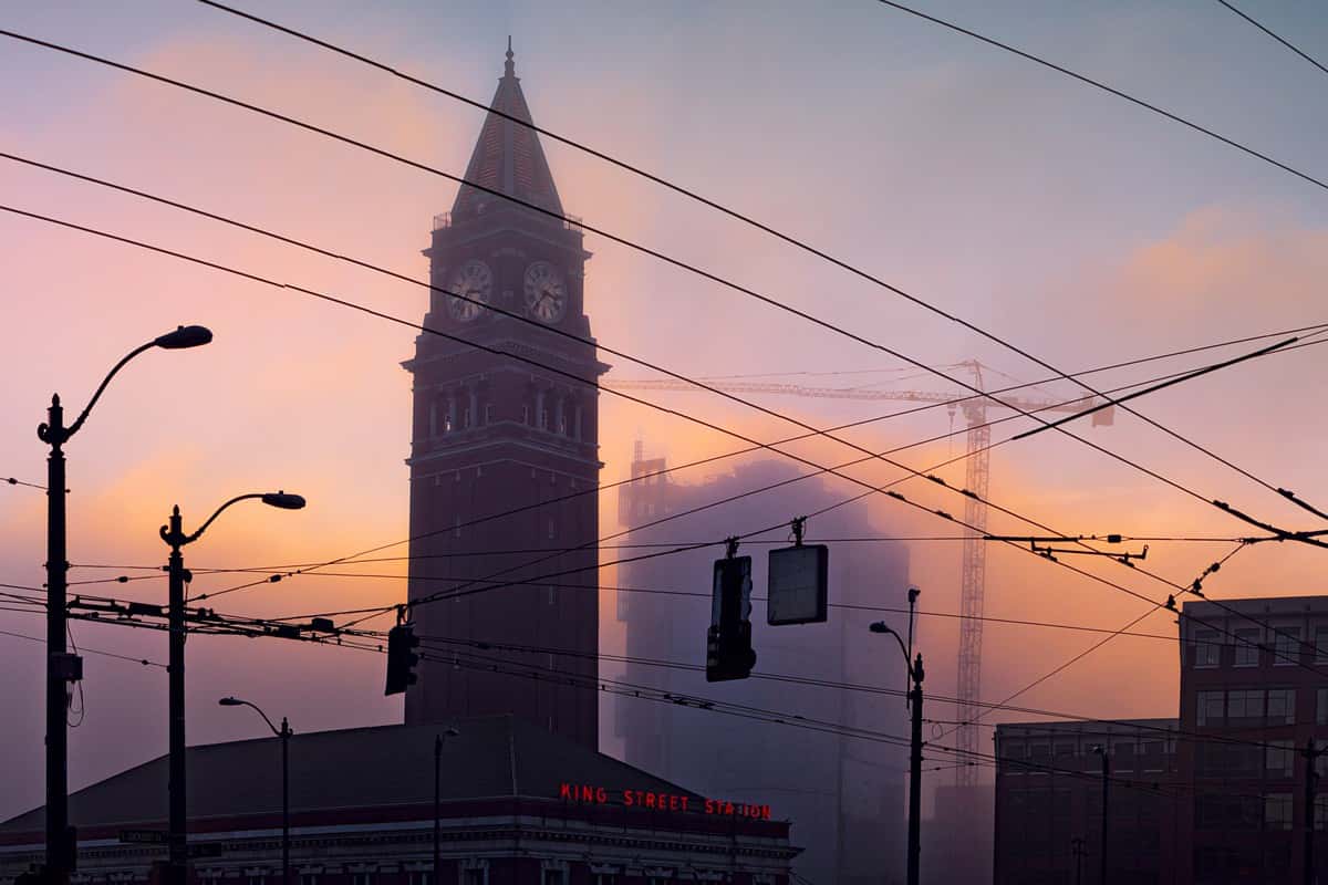 King Street Station in backlit fog