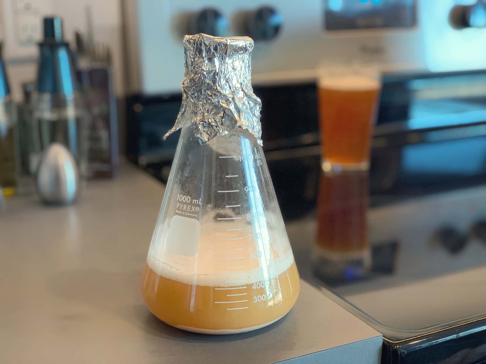 yeast starter of Imperial Yeast’s A38 “Juice” strain in a 1-L Erlenmeyer flask