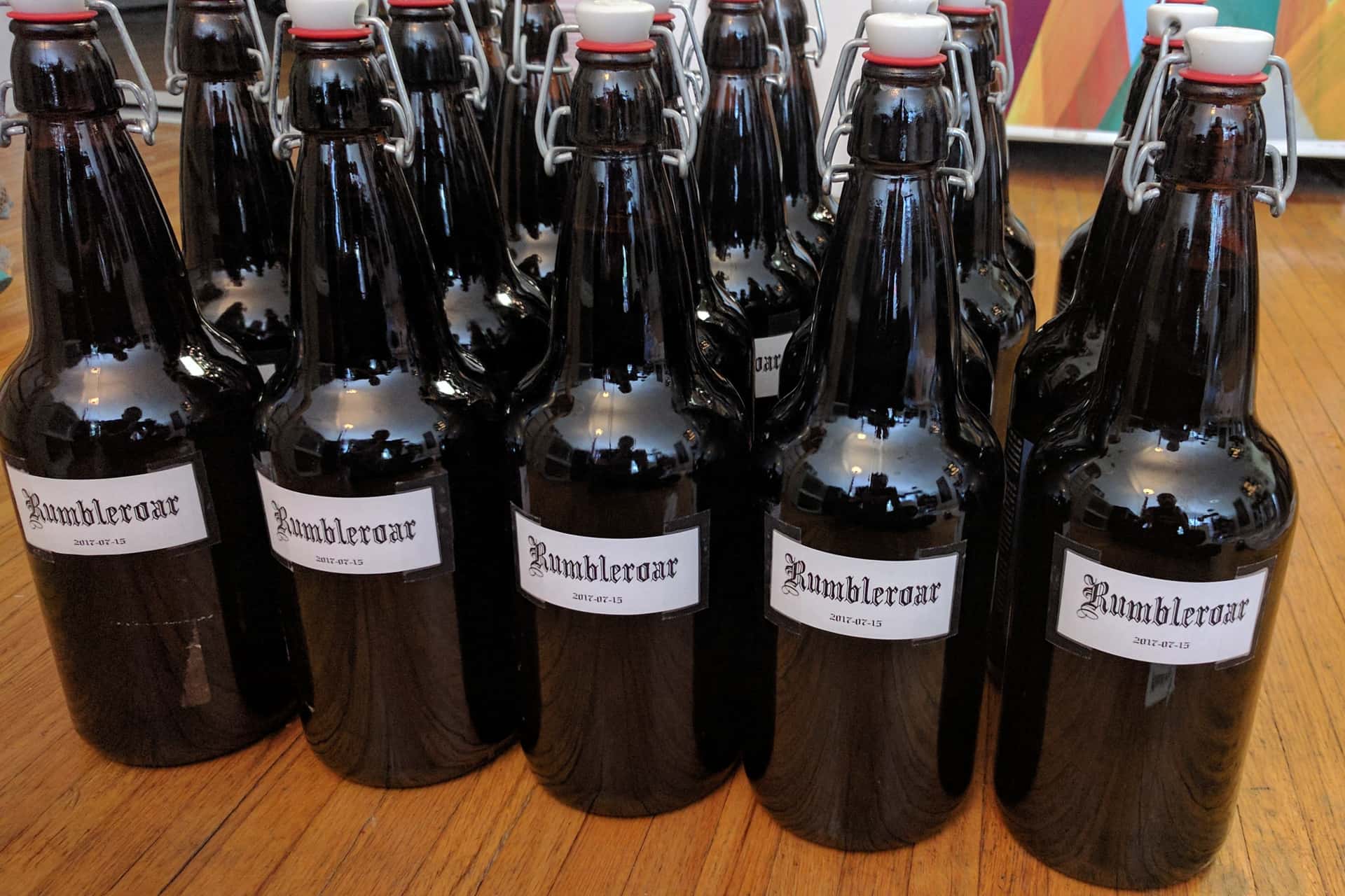 homebrew beer bottles labeled “Rumbleroar”