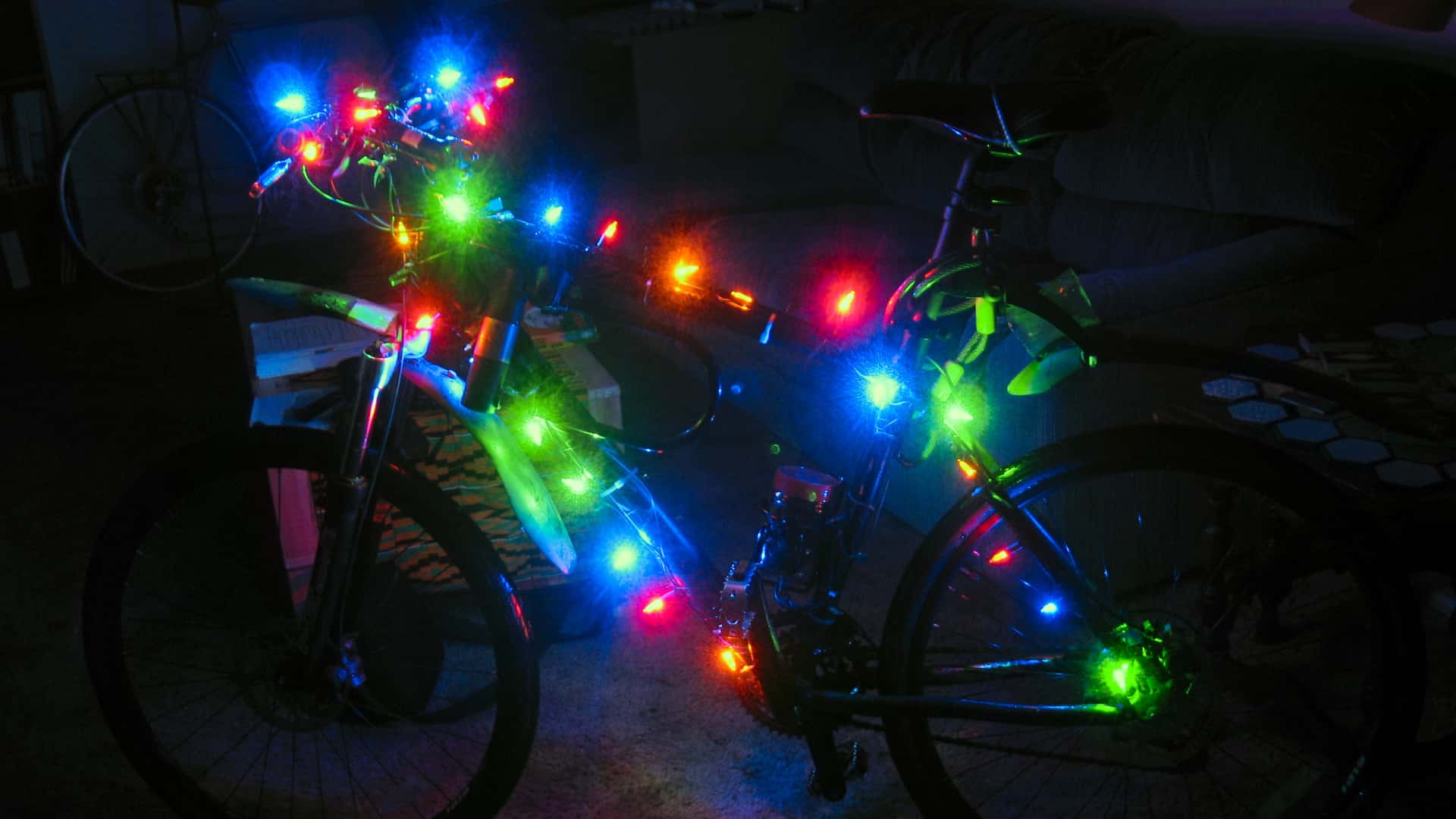 bicycle decorated with Christmas lights