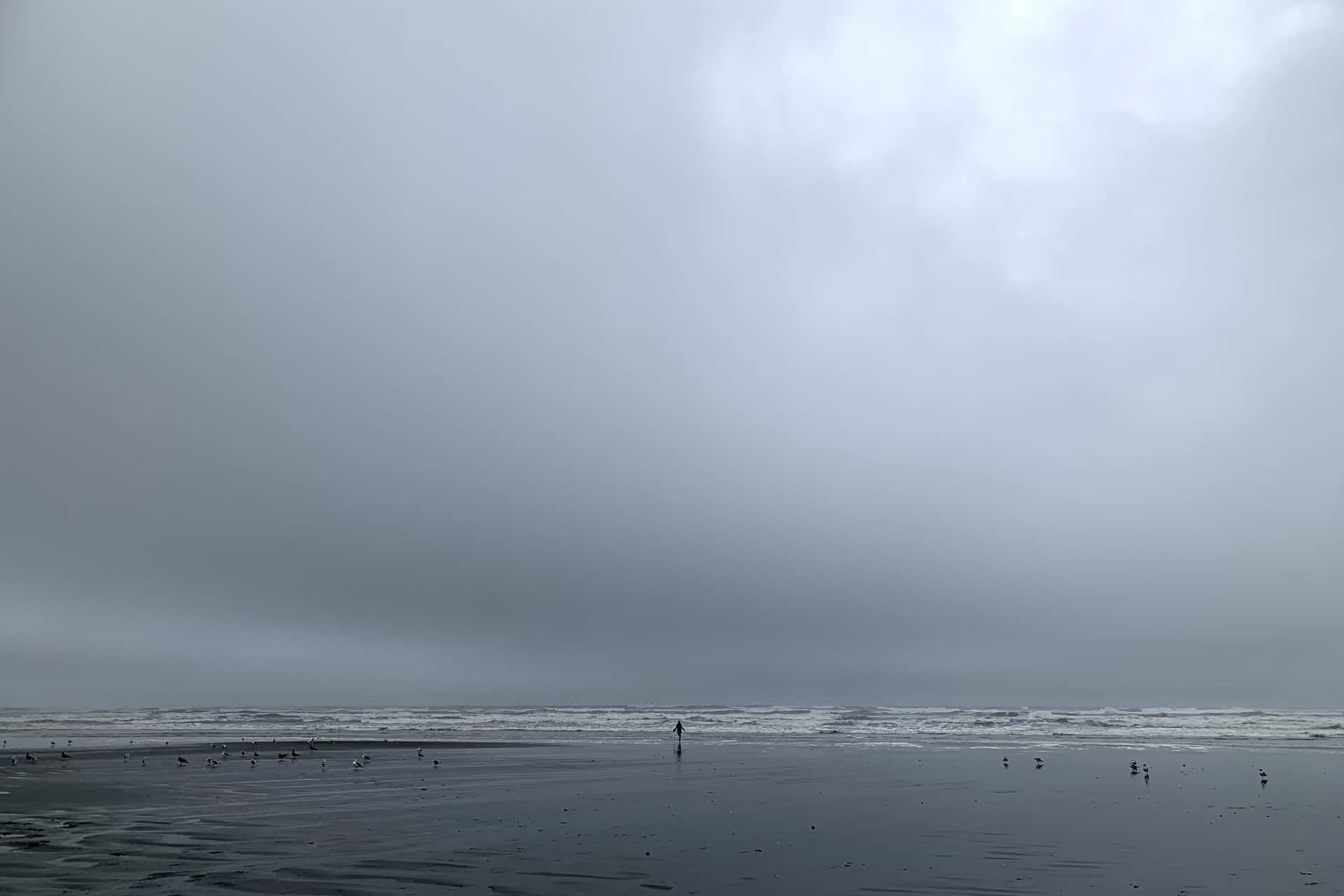 figure standing at the edge of the ocean under a gray sky at Moclips