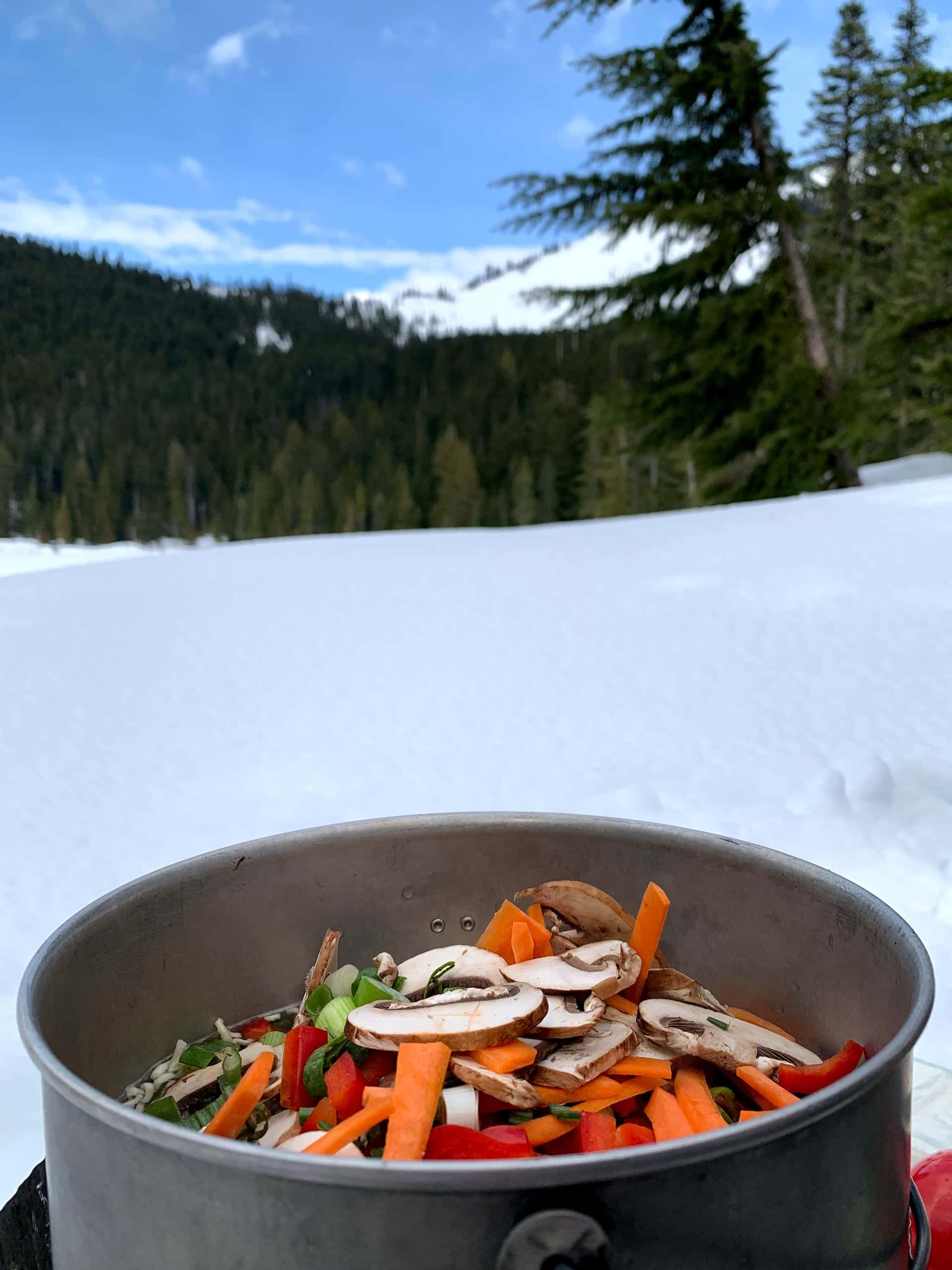 fresh vegetables in a pot over a camp stove