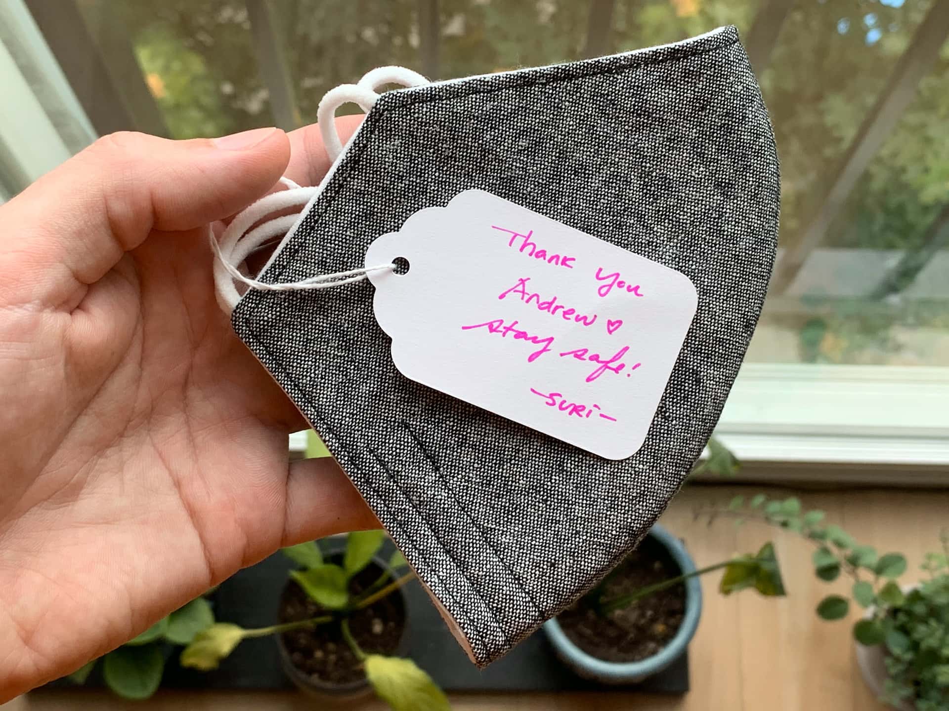 fabric face mask with a handwritten thank you note from an Etsy seller
