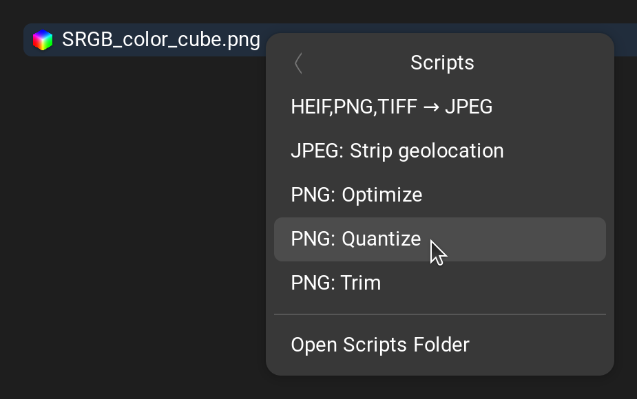 screenshot of Nautilus script menu containing “PNG: Quantize”