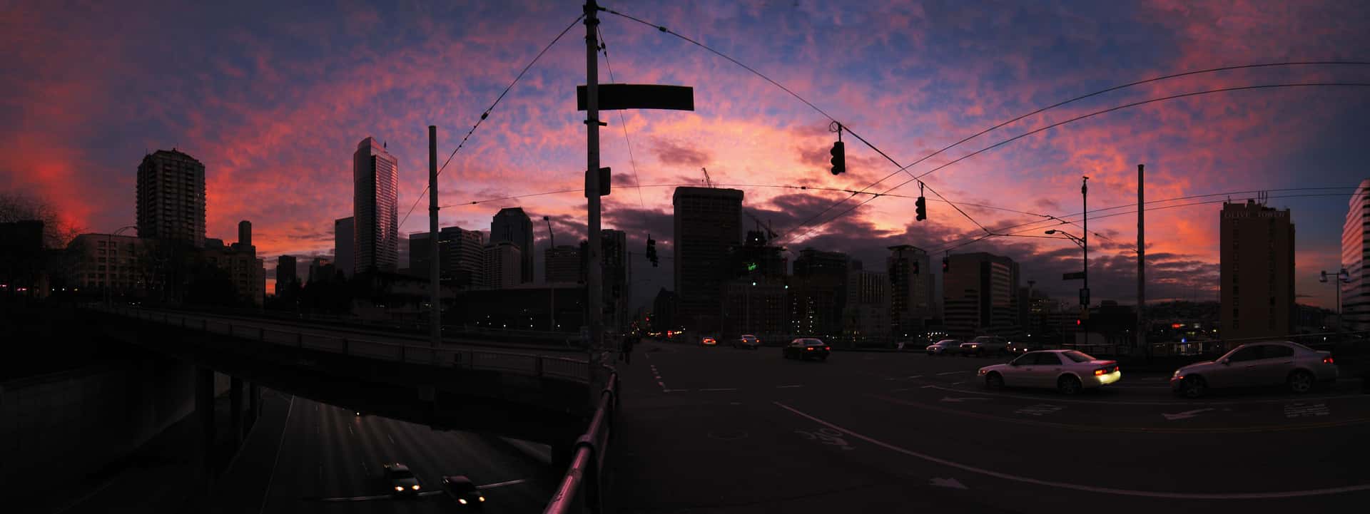 sunset over Seattle’s Pine Street overpass