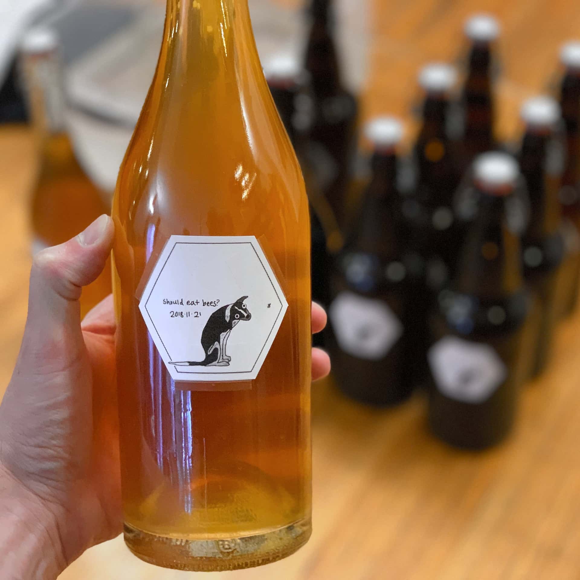 homebrew IPA labeled with “Should eat bees?” and Allie Brosh’s simple-minded dog
