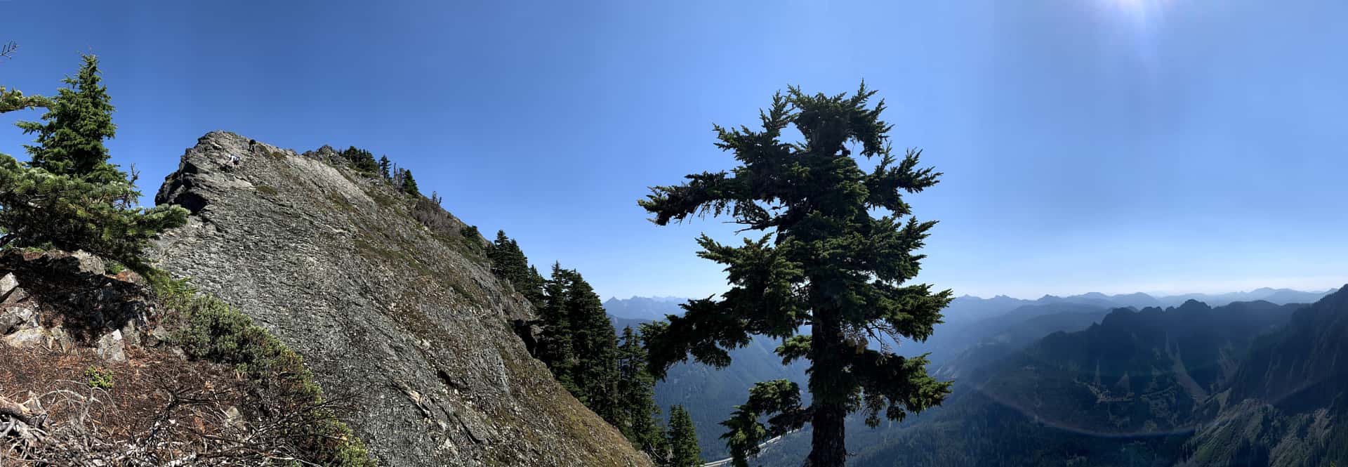 view from McClellan Butte’s southwest ridge of its peak, I-90, and Mount Kent
