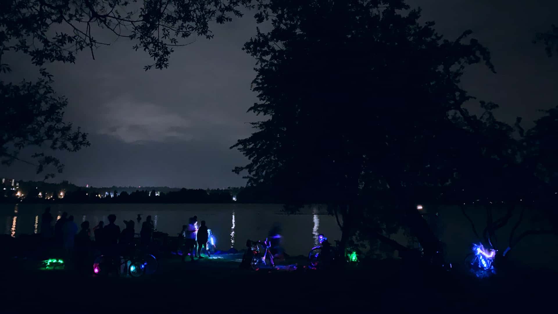 cyclists dancing in a park at night