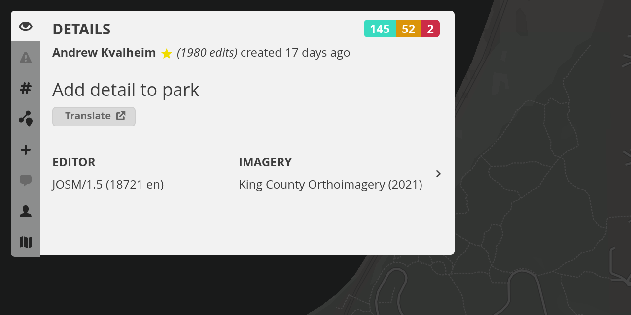 OSMCha’s “Details” tab showing “Imagery: King County Orthoimagery (2021)”