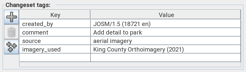 JOSM’s “Changeset tags” table containing “source=aerial imagery” and “imagery_used=King County Orthoimagery (2021)”
