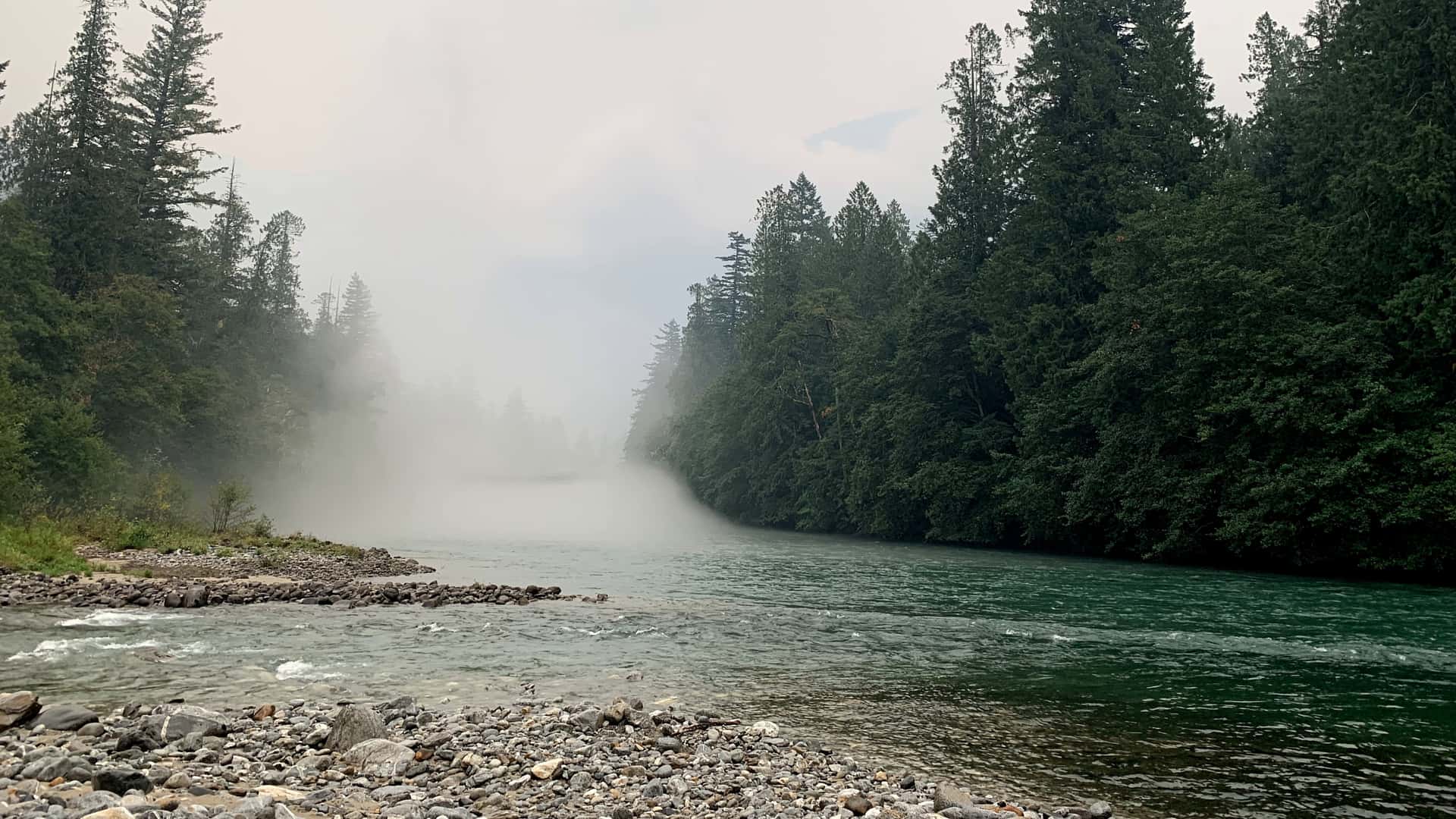 morning mist over the Skagit River compressed by a wave of hot air from a wildfire