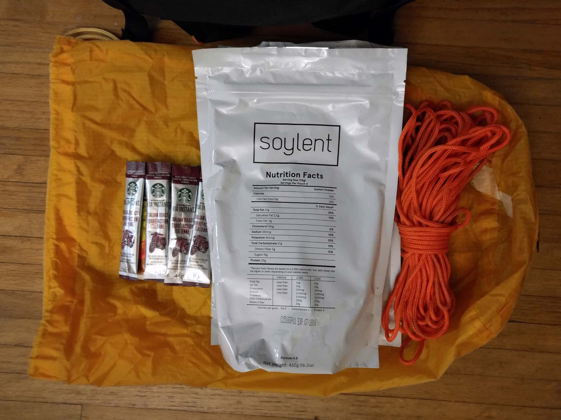 Soylent and instant coffee on a bear bag