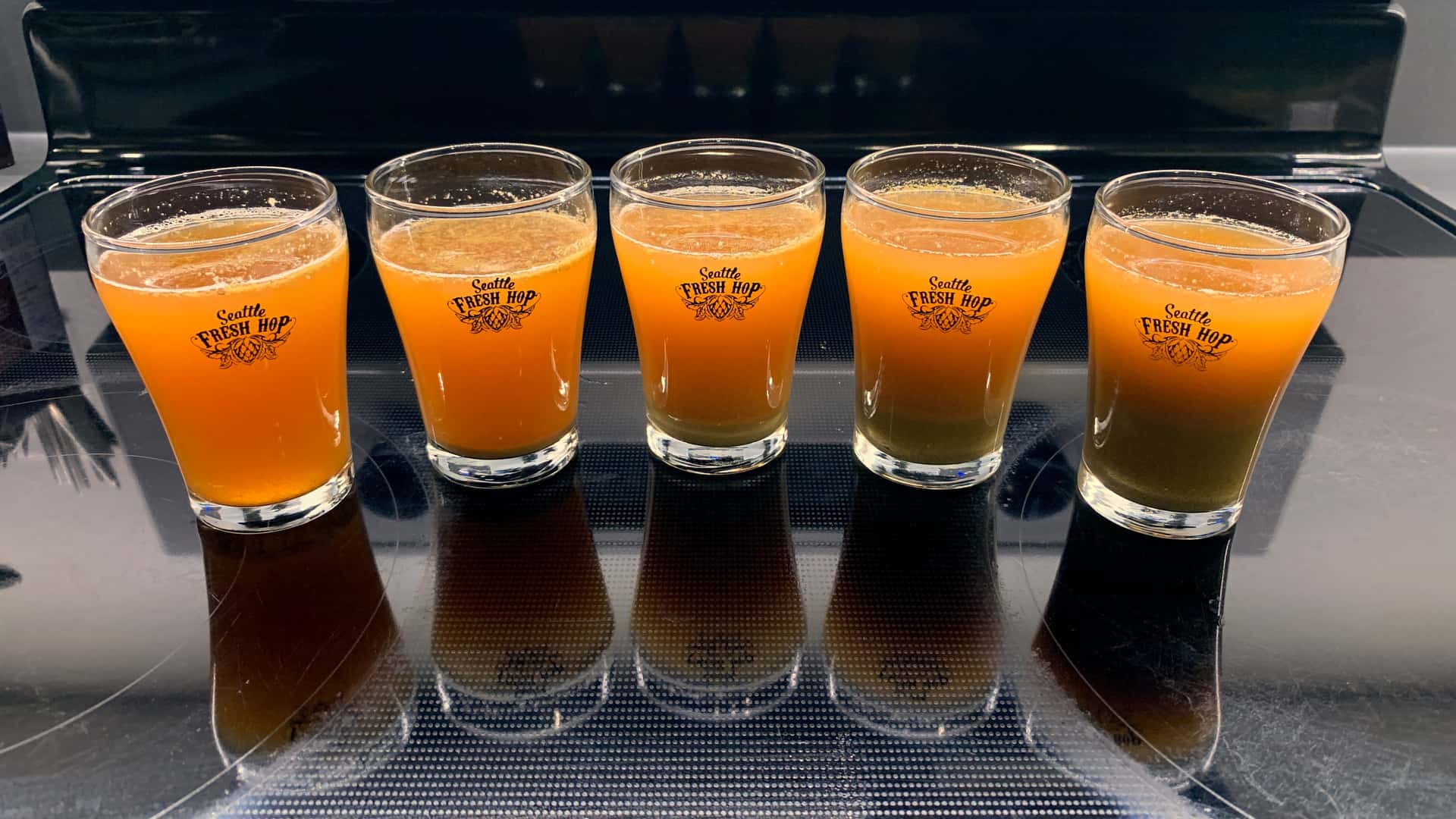 five Seattle Fresh Hop sampling glasses with increasing levels of hop sediment